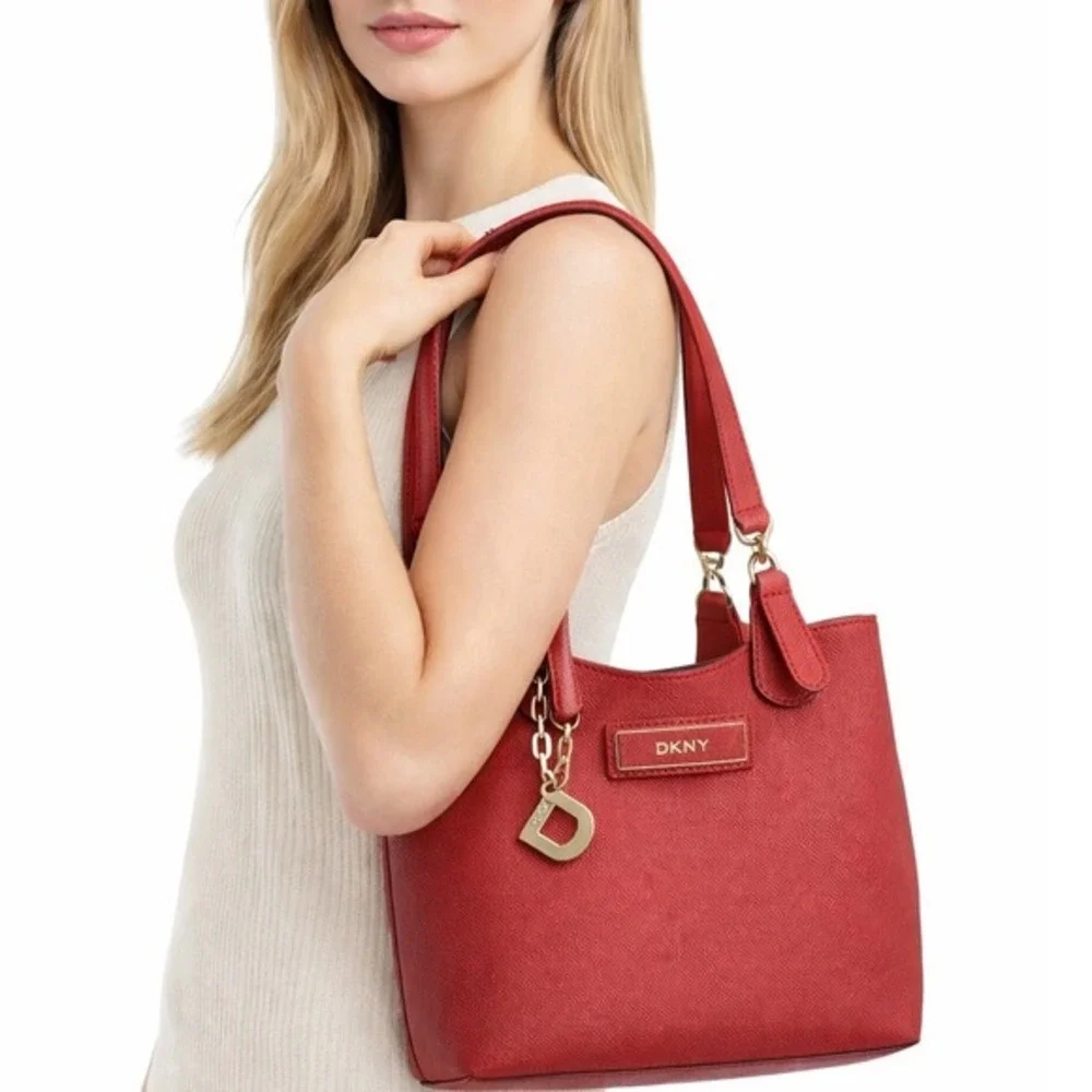 DKNY Red Saffiano Leather Tote Bag‎ Gold Hardware Handbag with Dust Bag 21-02
